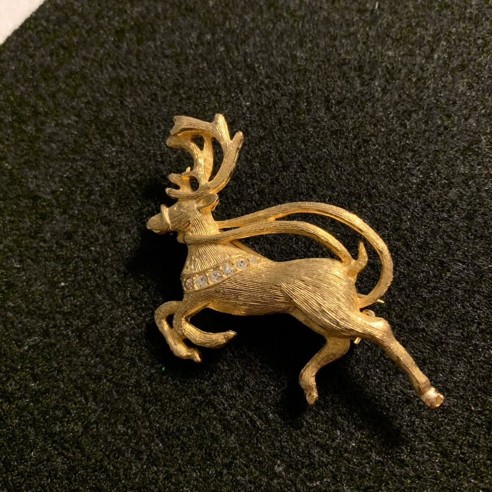 Gold Tone Reindeer Brooch Pin